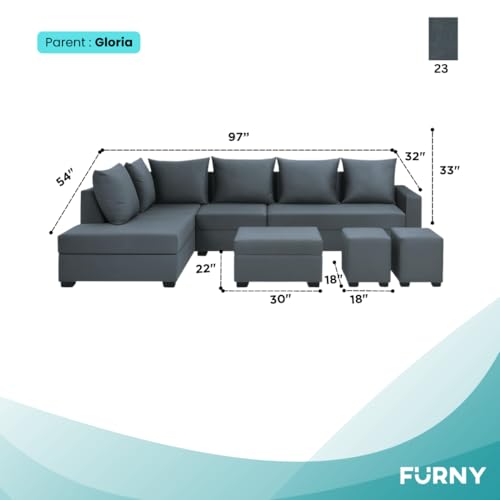 Image of FURNY Gloria 8 Seater Fabric LHS L Shape Sofa Set with 1 Centre Table & 2 Puffy (Dark Grey) Premium Velvet Finish | Durable Comfort | Ideal for Living Room