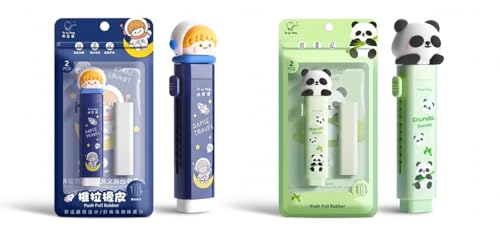 Image of Parshya Retractable Push-Pull Pencil Erasers (2-Pack) - Kawaii Cartoon & Space Travel Shaped Rubber for School Supplies, Non-Toxic