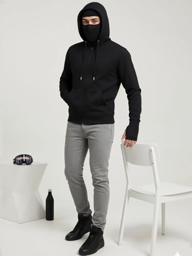 Image of ADRO Men Balaclava Hoodies | 320 GSM Soft Cotton Zipper Hoodie | Thumb-Hole Cuff Gloves | Travel Jacket with Hood | Winter Sweatshirt