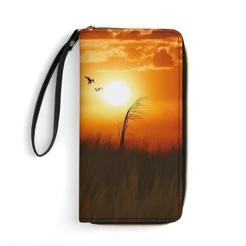 African Grass Sunset Print PU Leather Wristlet Wallet Slim Card Holder Organizer with Zipper Coin Pocket & Cash Slots for Women Men