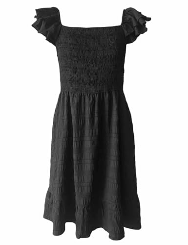 Girls Party Casual Dresses Woven Cap Sleeve Square Neck Elastic Waist Holiday Outfits with Pockets,8-14 Years4