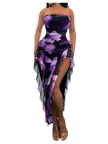 Amazon.com: WDIRARA Women's Butterfly Print Asymmetrical Bodycon Maxi Dress  Split Ruffle Trim Strapless Tube Dresses Purple Black X-Small : Clothing,  Shoes & Jewelry