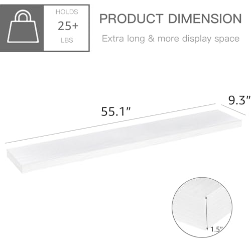 QEEIG Floating Shelves for Wall 55.1" Extra Long - Wall Mounted Shelf Bathroom Kitchen Living Room Bedroom Farmhouse Home Decor Display Bookshelf Large 55.1 x 9.3 inch Set of 2, White (008-140W) by QEEIG - Image 3