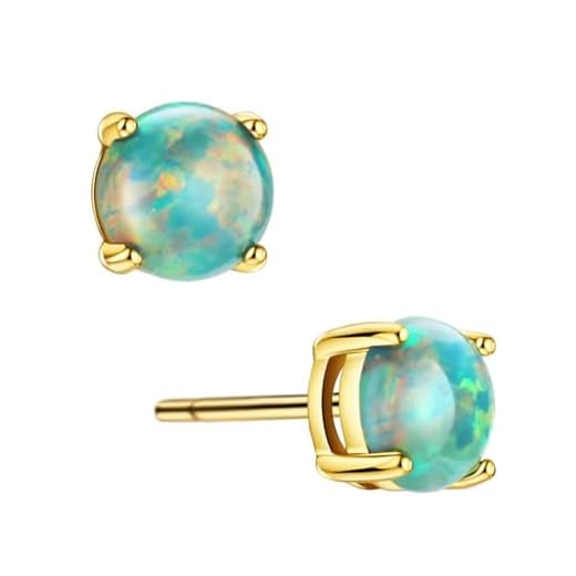 18K Gold Plated Opal Stud Earrings Sterling Silver Solitaire Green Stone 4 Prongs Setting Earrings for Women Girls