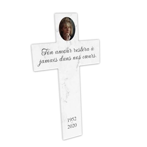 OCAP-FUNERAIRE.COM Croix Funéraire personnalisable en plexiglass avec photo ? motif marbre blanc, 12x20 cm