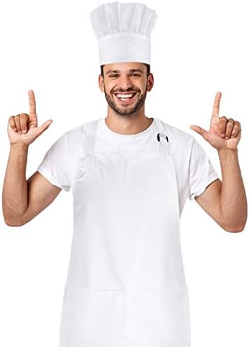 HIYUMY Chef Hat and Kitchen Apron Set, Cotton Adjustable Bib, Perfect for Adults Cooking, Baking, Painting (White)