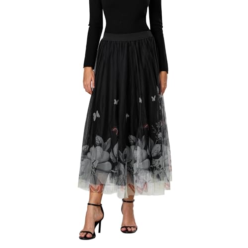 Women's Double Layered Mesh Midi Skirt High Waist Floral Butterfly Print Tulle Midi Dress Mesh Pleated A-Line Skirt