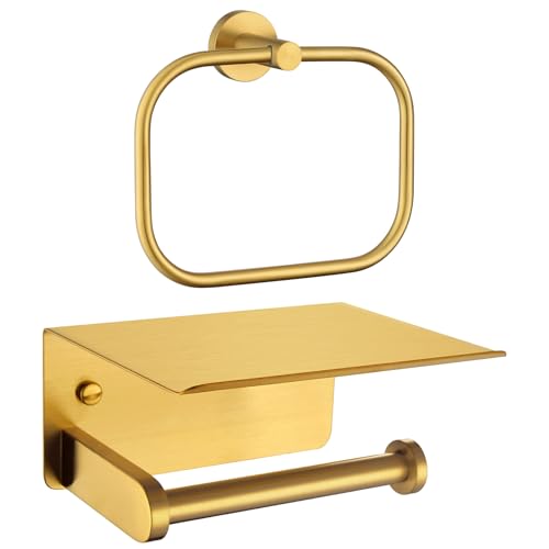 APLusee Brushed Gold 304 Stainless Steel Square Towel Ring, Toilet Paper Holder with Shelf Bundle, Wall Mounted