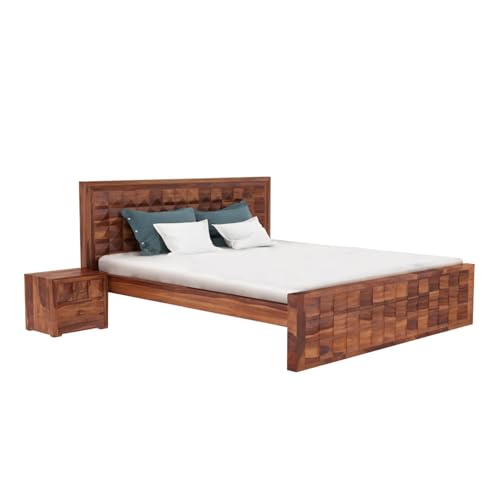 Image of Sheesham Wood King Size Bed Without Storage | Wooden Bed King Size Double Cot Palang Bed for Bedroom | Diamond Design Headboard Bed for Living Room | Honey Finish
