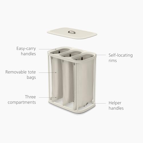 Image of Joseph Joseph Tota Trio 90 liter /23.8 gallon Laundry Hamper Separation Basket with lid, 3 Removable Washing Bags with Handles- Ecru