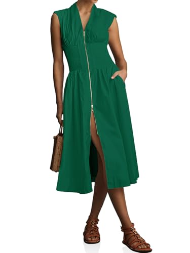 Image of Wenrine Womens Smocked Midi Dress Zipper V Neck Long Summer Dresses | zip front, empire waist, cap sleeve, flowy, a line, high slit, casual midi dress