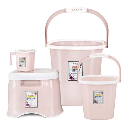Image of RATAN PLASTICWARE Premia Bathroom Set (Bucket 5L X 1) + (Bucket 18L X 1) + (Mug 1.5L X 1) + (Small Stool X 1) - Diaso Pink|Easy to Carry | Perfect for Use in Bathrooms, Kitchen & Wet Utility Areas