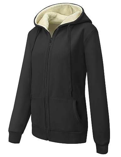 MOVE BEYOND Sweatjacke Damen Kapuzenjacke Hoodie Fleece mit Zipper Fleecepullover Fleecejacke mit Kapuze Winterjacke Kapuzenpullover, Schwarz, L
