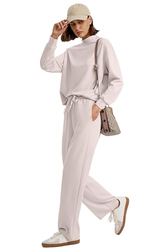 Image of WIHOLL Two Piece Sets for Women Fall Outfits Lounge Sets Mock Neck Tops Wide Leg Pants Vacation Travel Airport Outfits