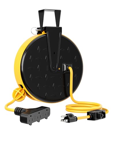 DEWENWILS Retractable Extension Cord Reel, Ceiling/Wall Mount 16/3 Gauge SJTW Power Cord with 3 Electrical Outlets Pigtail for Garage and Shop, 10 Amp Circuit Breaker, 30.1 Ft, ALloy Plate, UL Listed