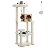 PETEPELA 56.3' Multi-Level Cat Tower with Scratching Posts x3, Wood Cat Tree for Indoor Cats with Cozy Condo, Super Large(21 * 17') Cat Hammock and Plush Perches Faux Rabbit Milk Fur Beige