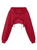 Remidoo Womens Cropped Hoodie Fishnet Long Sleeve Crop Top Hollow Out Drawstring Sweatshirt Mesh Red Medium
