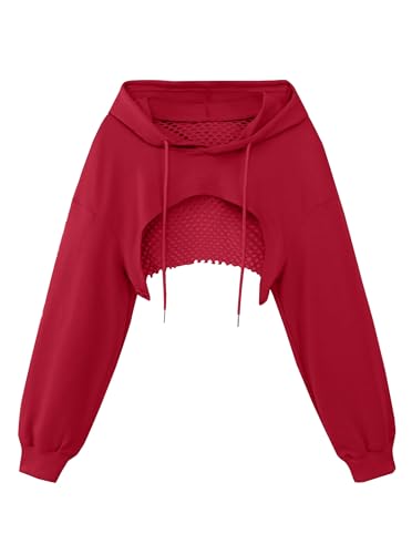 Remidoo Womens Cropped Hoodie Fishnet Long Sleeve Crop Top Hollow Out Drawstring Sweatshirt Mesh Red Medium