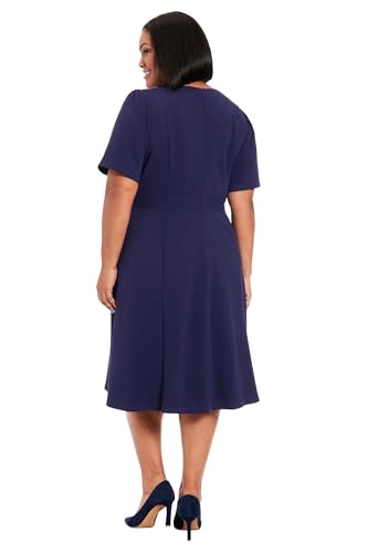 Image of London Times Women's Short Sleeve Crepe Fit and Flare Midi with Waist Button Detail