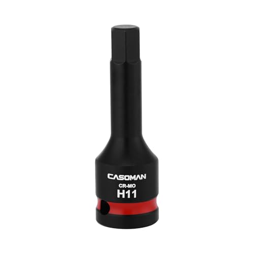 CASOMAN 1/2 Drive 11mm Impact Hex Bit Socket One-Piece H11 Allen Socket with Red Color-Code Ring 78mm Length CR-MO