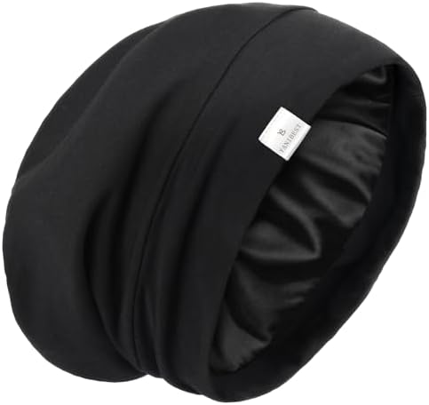 YANIBEST Slouchy Beanie Hat Satin Lined Sleep Cap Satin Bonnet Chemo Headwear Caps for Women and Men Pure Black
