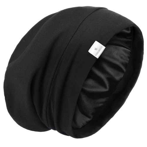 YANIBEST Slouchy Beanie Hat Satin Lined Sleep Cap Satin Bonnet Chemo Headwear Caps for Women and Men Pure Black