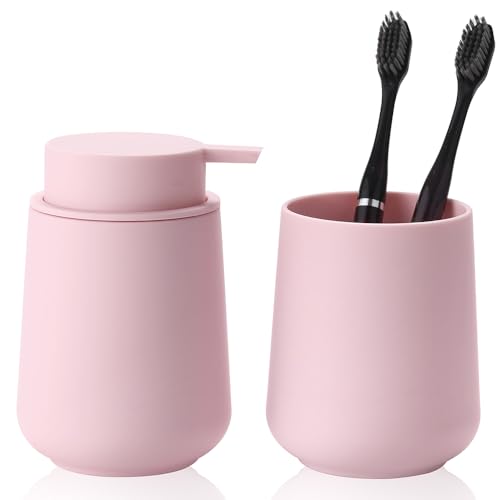 YAUKPH Matte Pink Bathroom Accessories 2 Piece Set Plastic Soap Dispenser and Toothbrush Holder for Modern Bathroom Decor