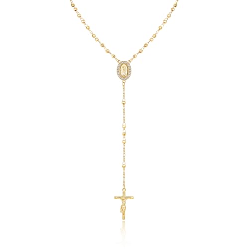 Virgin Mary Cross Rosary Necklace for Women，Virgen de Guadalupe Long Gold Silver Rosary Catholic Cross Beads Crucifix Necklace Women jewelry Religious Gift for Confirmation Baptism First Communion Godmother