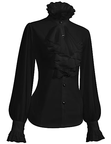 BOMFWAU Womens Victorian Style Ruffle Blouse High Neck Long Puff Sleeve Button Front Black XXLarge