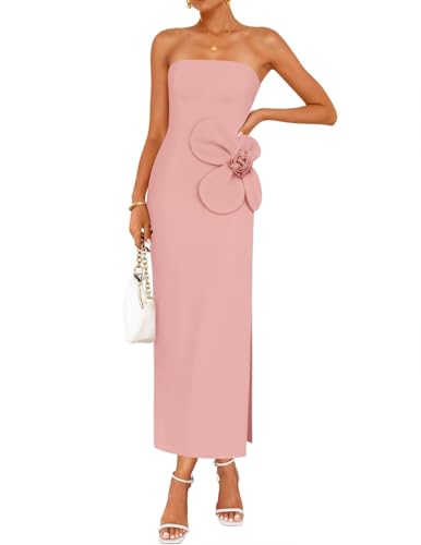 ZESICA Women's Summer Strapless Bodycon Maxi Dress 2026 Ribbed Knit Backless Floral Tube Cocktail Party Long Dresses,Pink,Medium