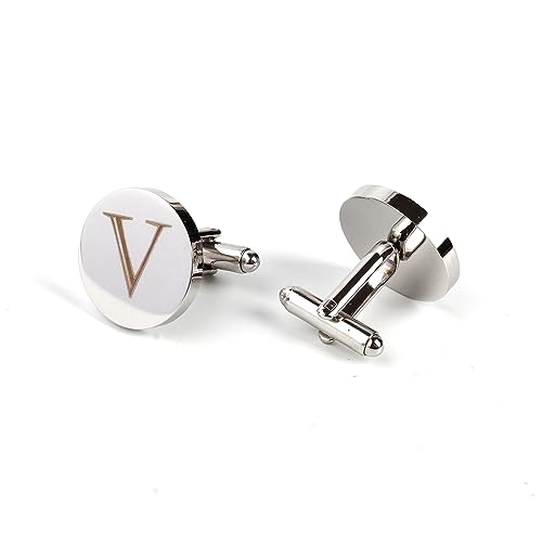 Image of Mens Initial Silver Cufflinks A-Z Alphabet Letter Steel Cuff Links with Engraved Walnut Wood Box Groom Groomsman Wedding Set