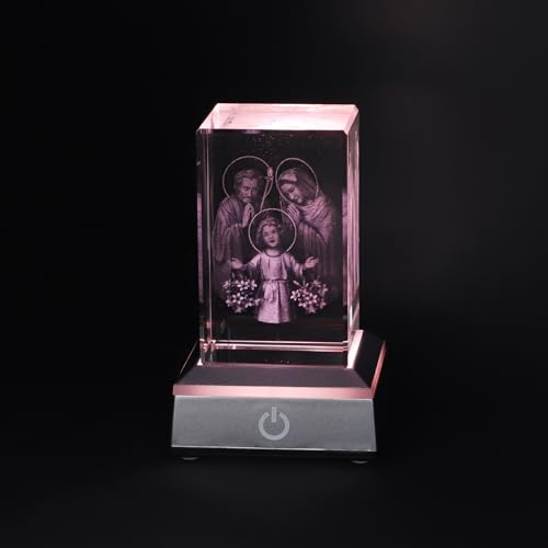 KOMI 3D Crystal Holy Family Figurine Statue with LED Light Base, Laser Engraved Holy Family Statues Religious Gifts for Women Men, Christian Catholic Gifts