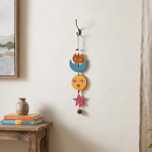Image of Aakriti Art Creations Sunny Kitty Wind Chime Multicolor | Handmade Wooden & Metal Windchimes for Home | Decorative Wind Chimes for Balcony, Garden, Living Room | Feng Shui Wind Chime Decor
