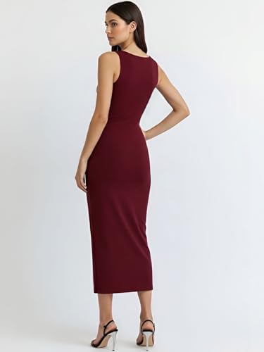 Image of Women's Sleeveless Midi Dress, Square Neck, Ruched Side, Bodycon Style with Slit