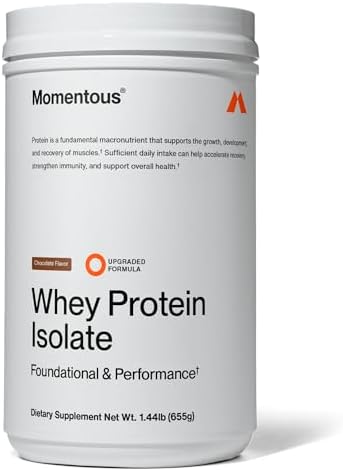 Momentous Essential Grass-Fed Whey Protein Powder – 20g Whey Isolate Protein – NSF Certified, Gluten-Free, 24 Servings for Essential Everyday Use, Chocolate (Package May Vary)