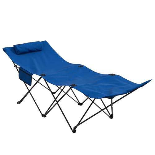 Outsunny Camping Bed for Adults, Single Folding Camp Bed with Headrest, Portable Camping Cot with Oxford Seat and Side Pocket for Outdoor, Travel, Fishing, Dark Blue