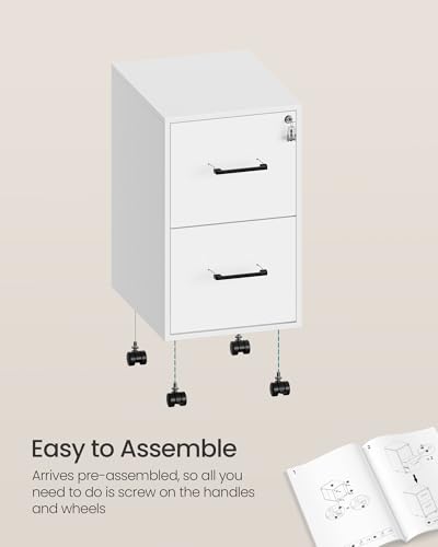 Image of SONGMICS File Cabinet, Pre-Assembled Except Wheels and Handles, Office Filing Cabinet with Lock, for A4, Legal, Letter Sized Documents, 17.7 x 14.4 x 25.4 Inches, Matte White and Black UOFC112W01