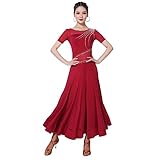 SIRWAX Robes De Danse De Salon Professionnelles pour Femmes Costume De Concours De Valse Manches Courtes en Filet Vêtements De Danse Tango Flamenco Dos Nu,Rouge,XL