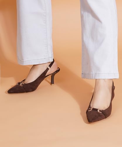 Image of JM LOOKS Women's Sophisticated Pointed Toe Slingback Kitten Heels with Metallic Buckle Accent for Professional and Evening Elegance