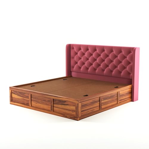 Image of Solid Sheesham Wood Queen Size Bed with Storage | Wooden Double Bed Cot Bed with Box Storage & Velvet Upholstered Cushioned Headboard for Bedroom (Honey A, Queen)