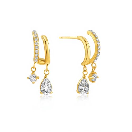 14K Gold Plated C Shaped Hoop Earrings for Women Double Huggie Hoop Dangle Earrings Cubic Zirconia Teardrop Earring (color1-double huggie with teardrop) by GOGZBD - Used condition - US$6.49