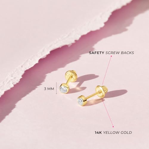 14k Yellow Gold Tiny 3mm Bezel Set Cubic Zirconia Simulated Birthstone Screw Back Earrings for Babies & Toddlers - Cute Birth Month Stud Baby Earrings with Safety Screw Backs4