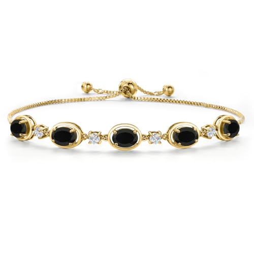 Gem Stone King 18K Yellow Gold Plated Silver Black Onyx Bracelet For Women | 3.50 Cttw | Gemstone December Birthstone | Oval 7X5MM | Fully Adjustable 9 Inch
