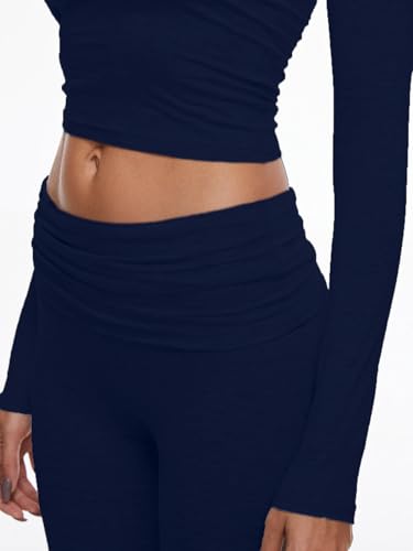Image of AnotherChill Women's Long Sleeve Top Foldover Flare Pants Lounge Set | 2 piece cropped shirt and slim flare trousers comfy loungewear, soft modal casual matching sets, travel airport outfits