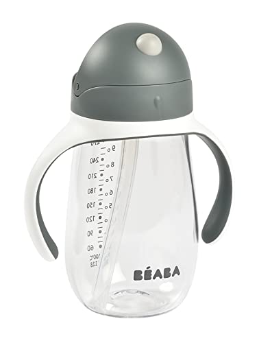 Image of Beaba Straw Sippy Cup, Toddler Baby Straw Cup with Removable Handles, Leak and Spill Proof, BPA Phthalate Free, 8+ Months, 10 oz, Charoal