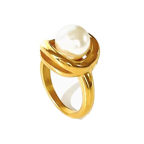 Kokoma Fashion Pearl Statement Ring for Women Gold-Tone Stainless Steel Minimalist Stacking Promise Ring Engagement Wedding Band Birthday Comfort Fit