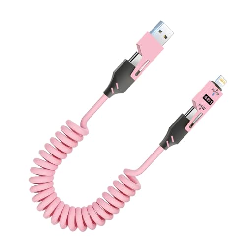 Image of 4-in-1 Fast Charging Cable 65W - USB & Type-C to Type-C /L Multi-Device Spring Coiled Charging Cable - Universal High-Speed Data Cable for iPhone, Android, iPad, Laptop & More