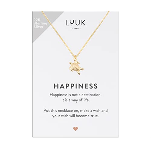 LUUK LIFESTYLE Necklace with turtle pendant and HAPPINESS gift card 925 sterling silver 19 chain length jewelry for everyday life beach summer tropical motif water and sand resistant gold