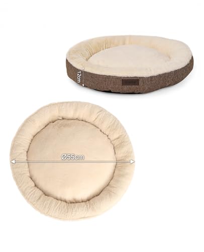 lionto Hundekörbchen rund in Donut-Form, Ø 55 cm, Heimtierkissen für Hunde & Katzen mit waschbarem Bezug & Anti-Rutsch-Noppen, kuscheliges Hundebett aus Oxford-Leinen & Plüsch, braun