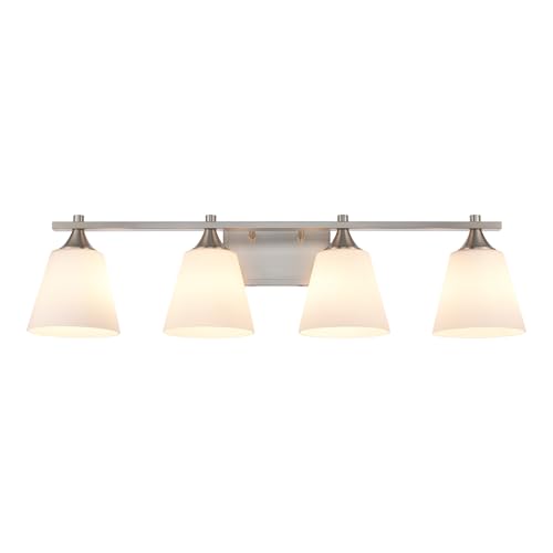 Image of Bathroom Vanity Light Fixtures, American Traditional Brushed Nickel 4 Lights Vanity Lighting Fixture with Opal Glass Shade, Porch Wall Mount Light Fixture for Bathroom, Mirror Cabinets Hallway Stairs